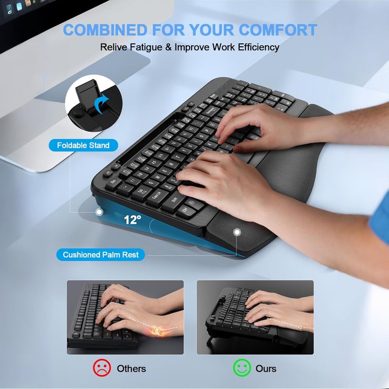 EAYBLLY Ergonomic Wireless Keyboard with Cushioned Wrist Rest, Wave Keys, Phone Holder, Comfortable Natural Typing, 2.4GHz Full Size Cordless USB Computer Keyboard for Windows, Mac OS, Laptop, PC (Black) - Image 4